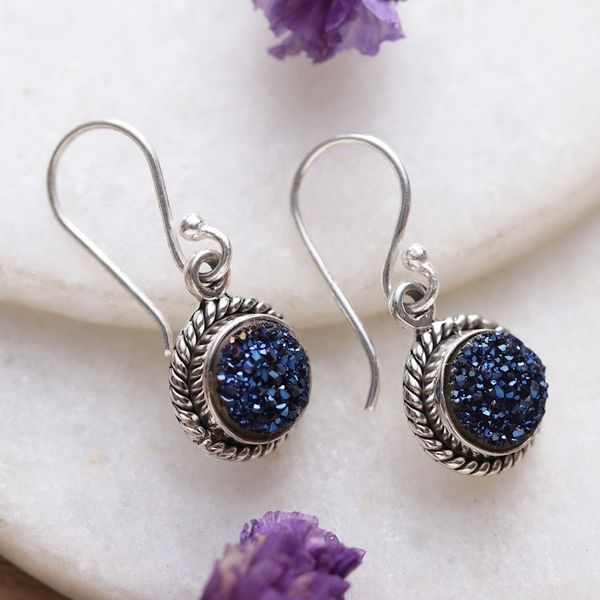 Alternate image for Classic Blue Drusy Quartz Cabochon Dangle Earrings Sparkling Intuition