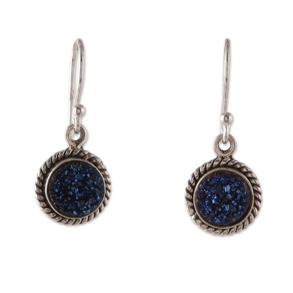 Alternate image for Classic Blue Drusy Quartz Cabochon Dangle Earrings Sparkling Intuition