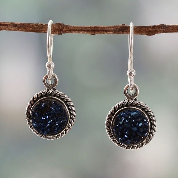 Alternate image for Classic Blue Drusy Quartz Cabochon Dangle Earrings Sparkling Intuition