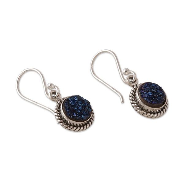 Alternate image for Classic Blue Drusy Quartz Cabochon Dangle Earrings Sparkling Intuition
