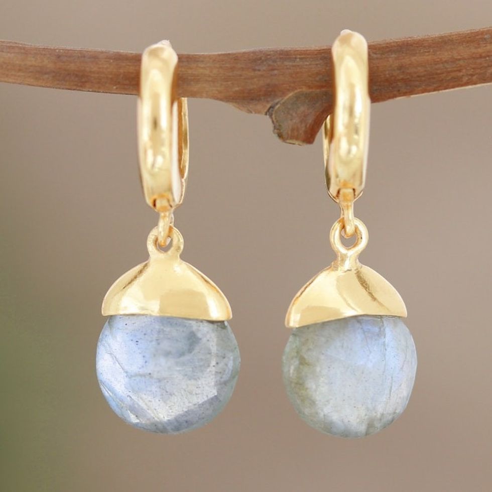 Artisan Crafted Gold-Plated Labradorite Dangle Earrings 'Feeling Free'