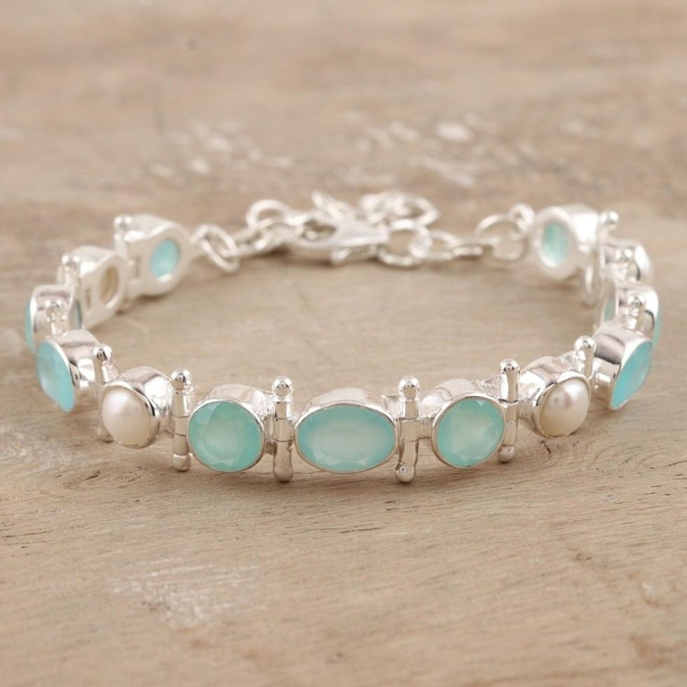 Chalcedony and Sterling Silver Link Bracelet 'Sea Bliss'