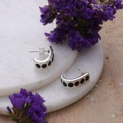 Alternate image for High-Polished Sterling Silver Black Onyx Half-Hoop Earrings Mystic Curve