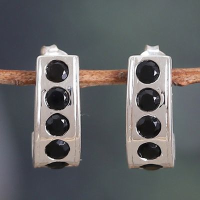 Alternate image for High-Polished Sterling Silver Black Onyx Half-Hoop Earrings Mystic Curve