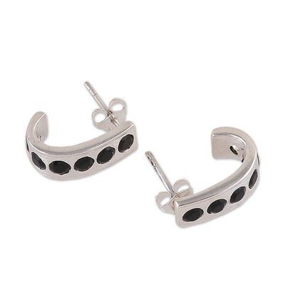 Alternate image for High-Polished Sterling Silver Black Onyx Half-Hoop Earrings Mystic Curve