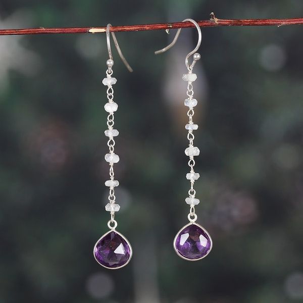 Alternate image for Rainbow Moonstone and Checkerboard Amethyst Dangle Earrings Wise Rainbow