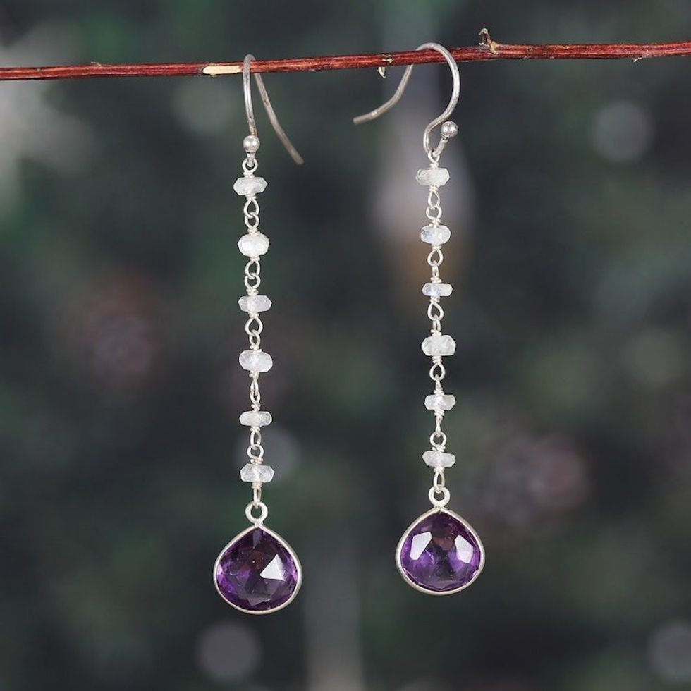 Rainbow Moonstone and Checkerboard Amethyst Dangle Earrings 'Wise Rainbow'