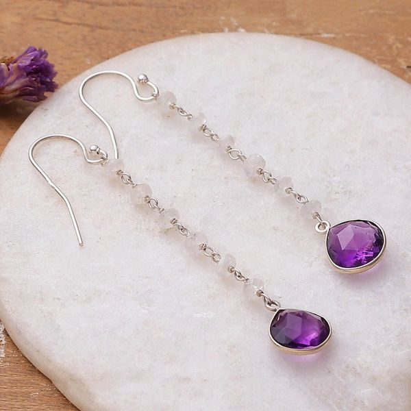 Alternate image for Rainbow Moonstone and Checkerboard Amethyst Dangle Earrings Wise Rainbow