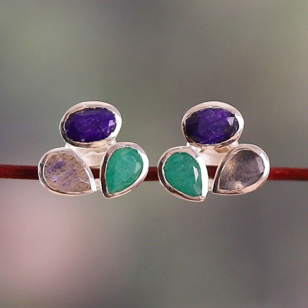 Artisan-Made Sterling Silver Multi-Gemstone Button Earrings 'Enchanted Trio'