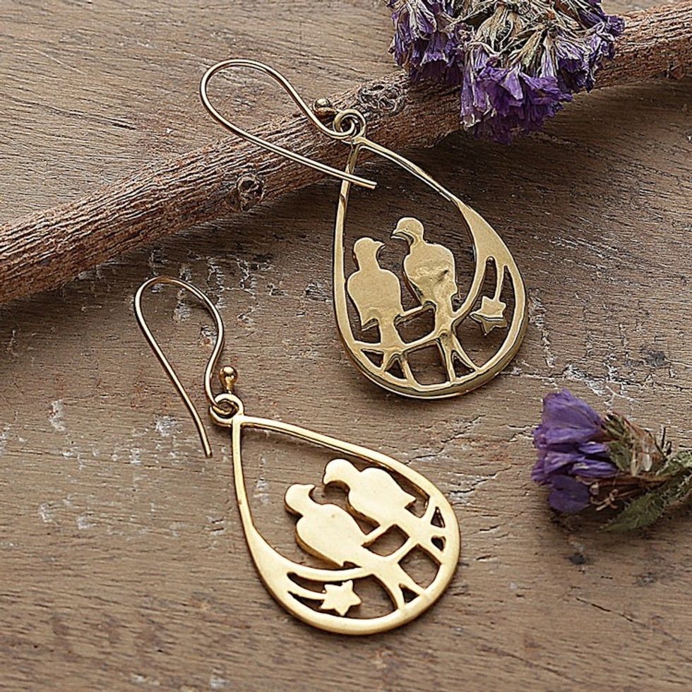 Romantic Drop-Shaped Love Birds Brass Dangle Earrings 'Shadow of Love'