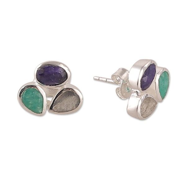 Alternate image for Artisan-Made Sterling Silver Multi-Gemstone Button Earrings Enchanted Trio