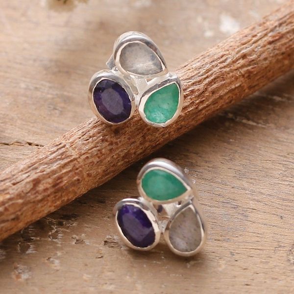 Alternate image for Artisan-Made Sterling Silver Multi-Gemstone Button Earrings Enchanted Trio
