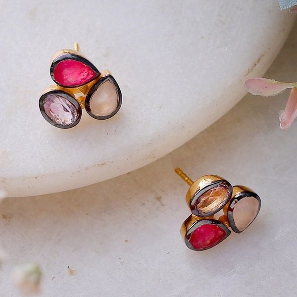 Alternate image for Artisan-Made Sterling Silver Multi-Gemstone Button Earrings Enchanted Trio