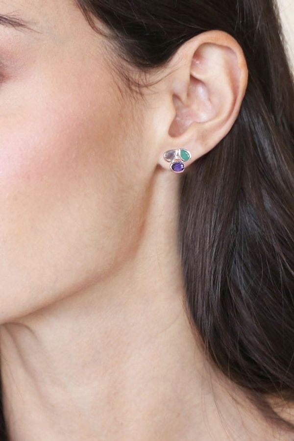 Alternate image for Artisan-Made Sterling Silver Multi-Gemstone Button Earrings Enchanted Trio