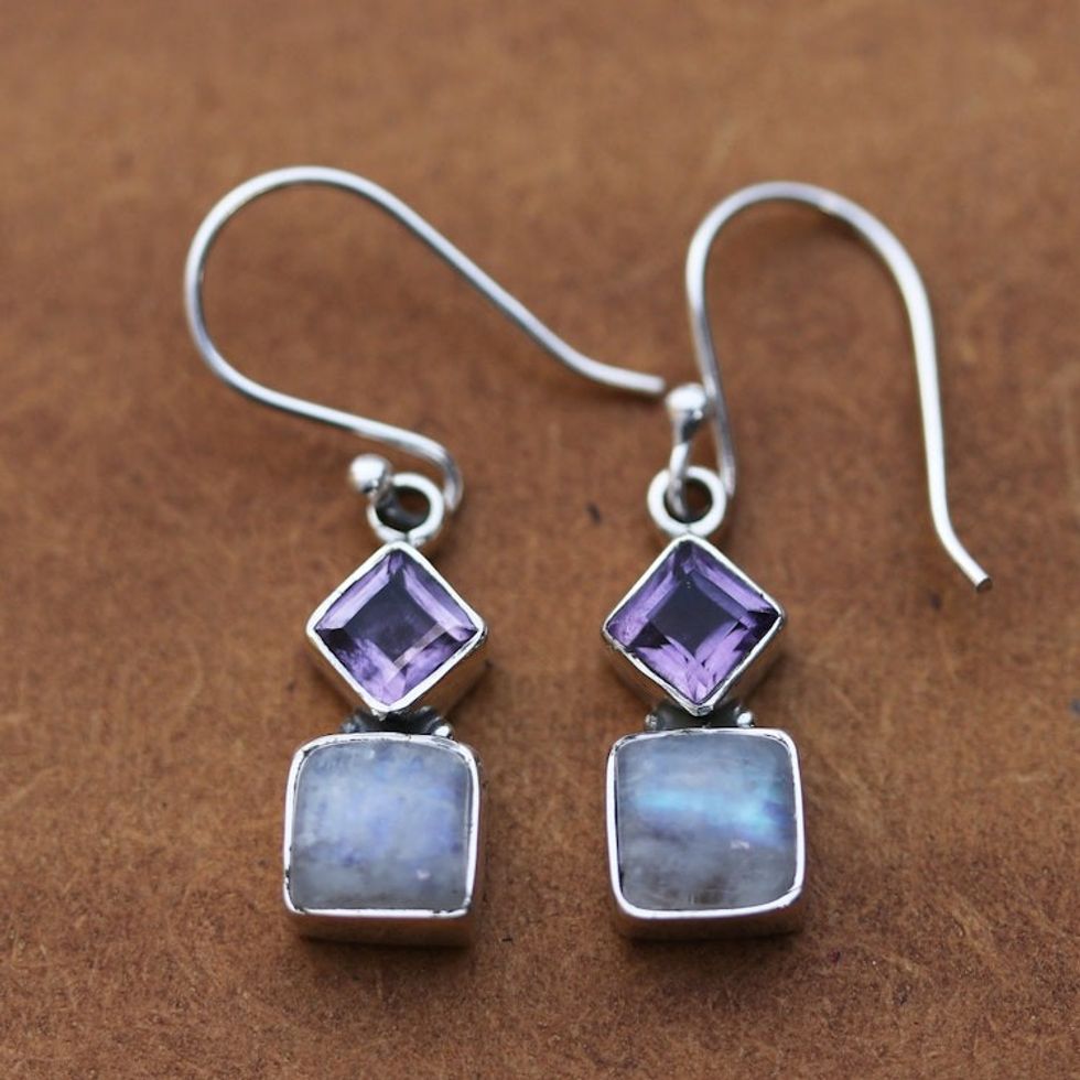 Silver Dangle Earrings with Rainbow Moonstones and Amethysts 'Misty Harmony'