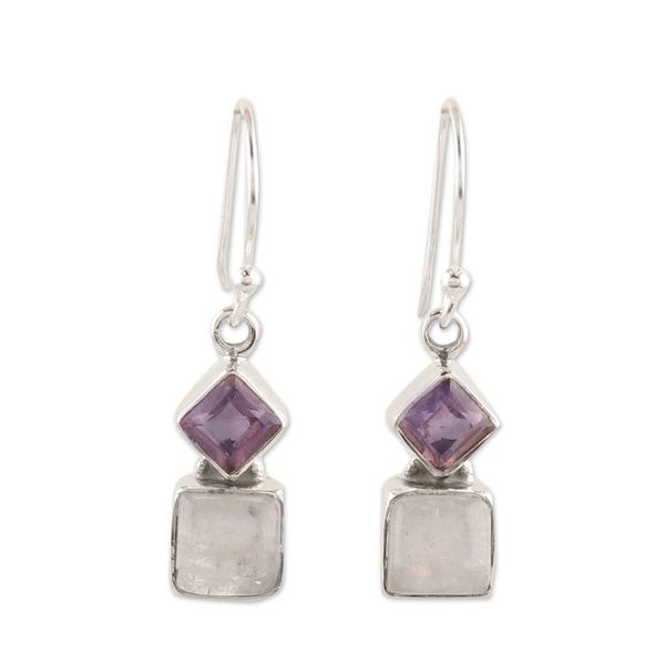 Alternate image for Silver Dangle Earrings with Rainbow Moonstones and Amethysts Misty Harmony