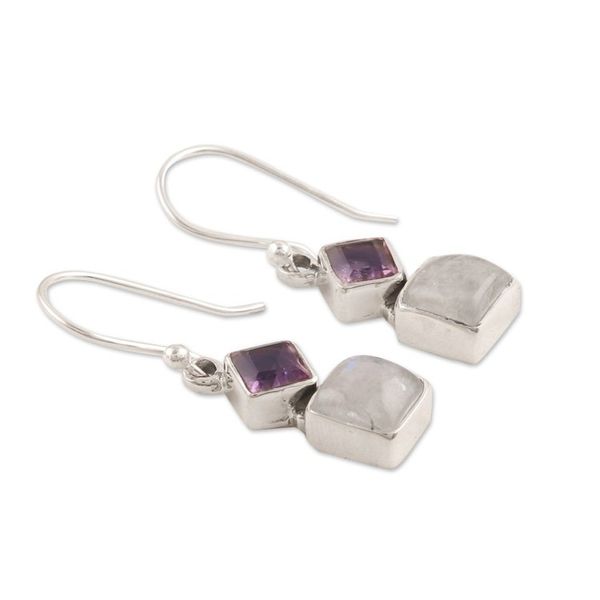 Alternate image for Silver Dangle Earrings with Rainbow Moonstones and Amethysts Misty Harmony