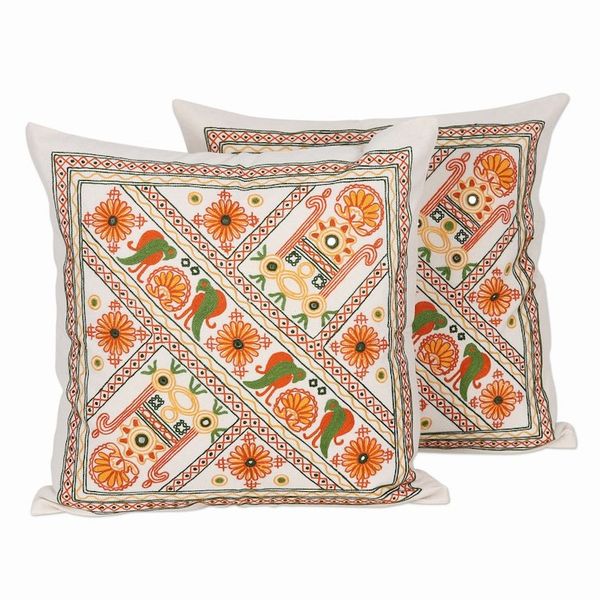 Alternate image for Embroidered Cotton Cushion Covers from India Pair Kaleidoscopic Palace