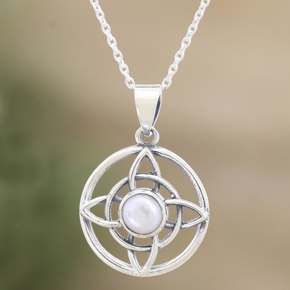 Cultured Pearl Sterling Silver Celtic Star Pendant Necklace 'Pure Elegance'