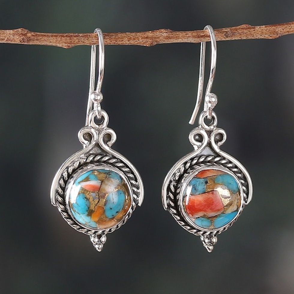 Fair Trade Reconstituted Turquoise Cabochon Dangle Earrings 'Paradise Rhapsody'
