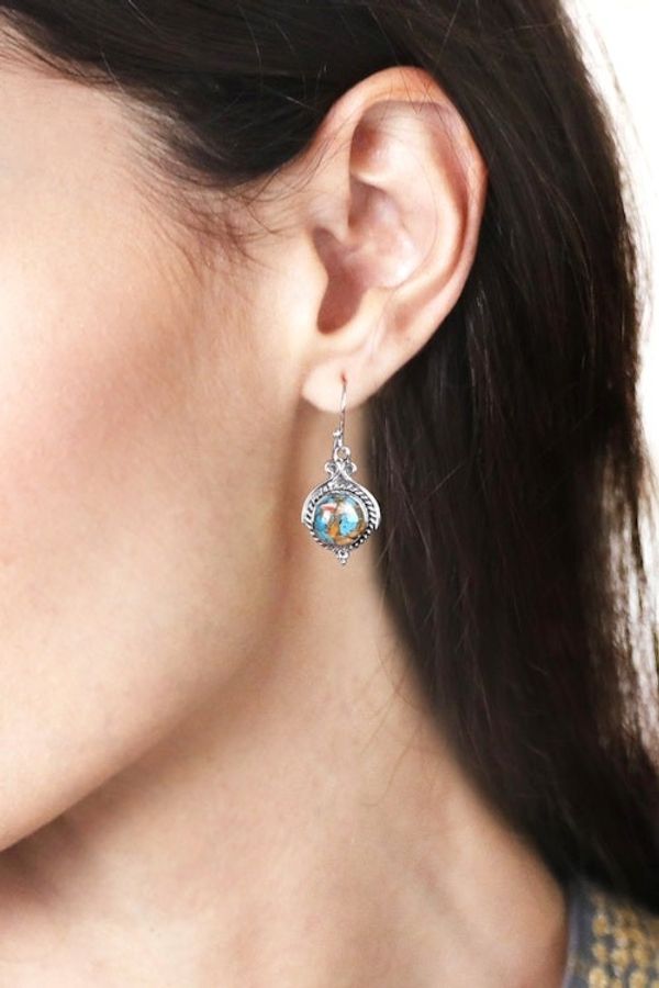 Alternate image for Fair Trade Reconstituted Turquoise Cabochon Dangle Earrings Paradise Rhapsody