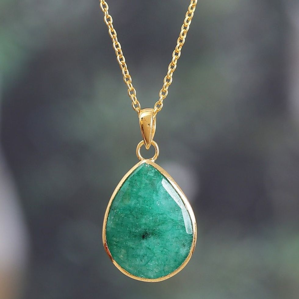 Polished 18k Gold-Plated Beryl Pendant Necklace from India 'Green Radiance'