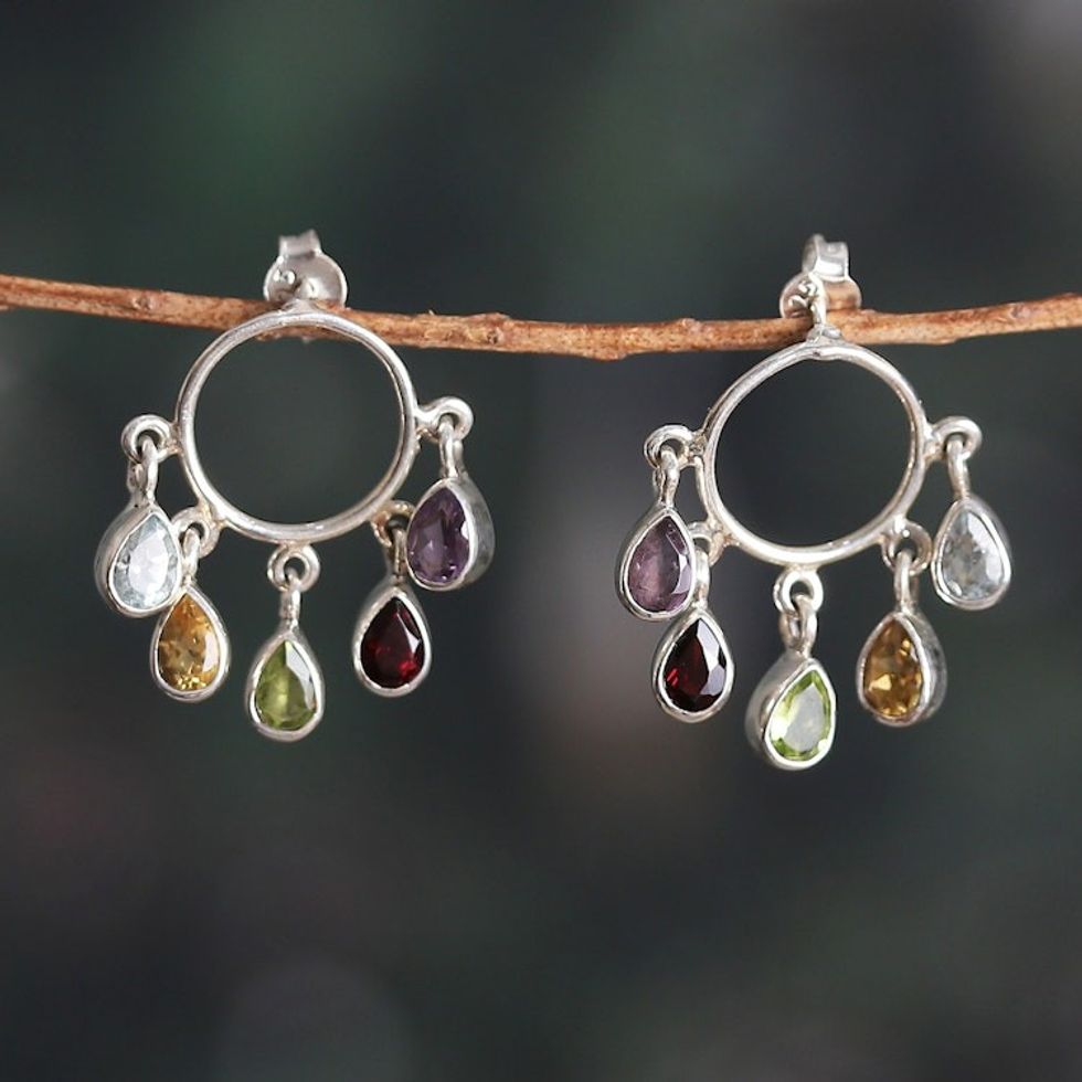 Five-Carat Multi-Gemstone Dangle Earrings with Drop Jewels 'Harmonious Rain'