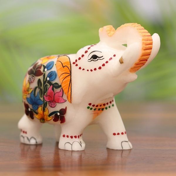 Alternate image for Hand-Painted Floral Soapstone Elephant Figurine from India Good Fortune