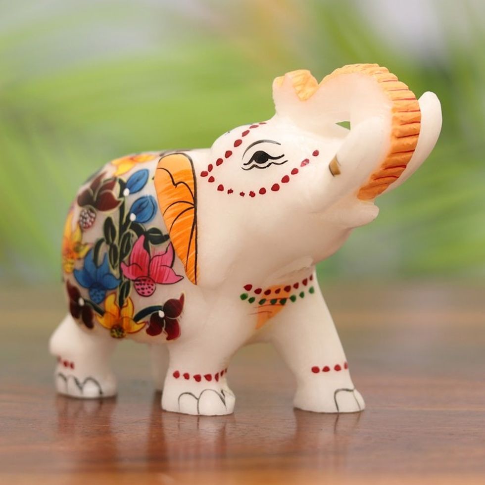 Hand-Painted Floral Soapstone Elephant Figurine from India 'Good Fortune'