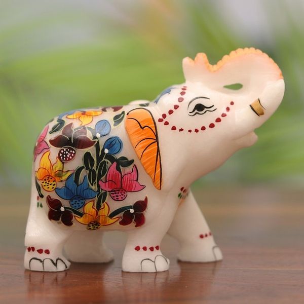 Alternate image for Hand-Painted Floral Soapstone Elephant Figurine from India Good Fortune