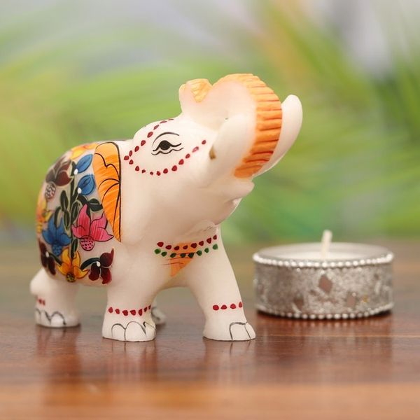 Alternate image for Hand-Painted Floral Soapstone Elephant Figurine from India Good Fortune