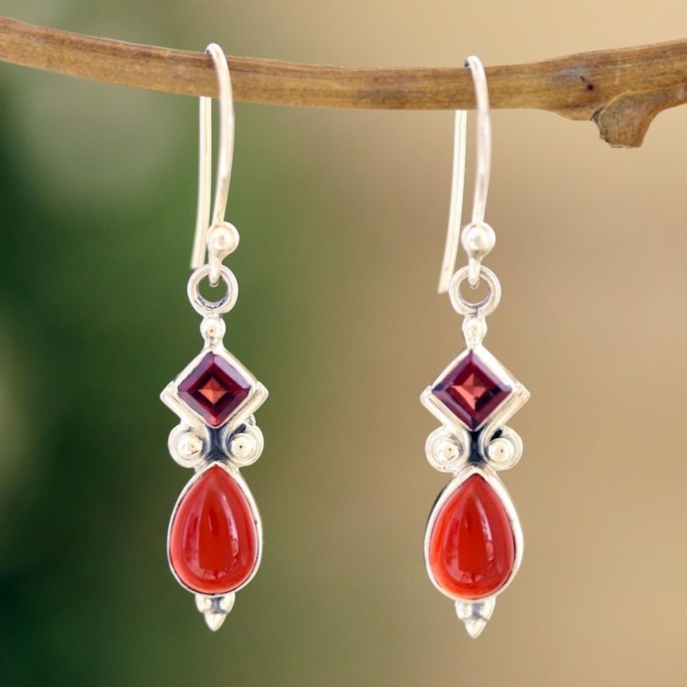 Indian Garnet and Carnelian Dangle Earrings 'Dancing Red Gems'