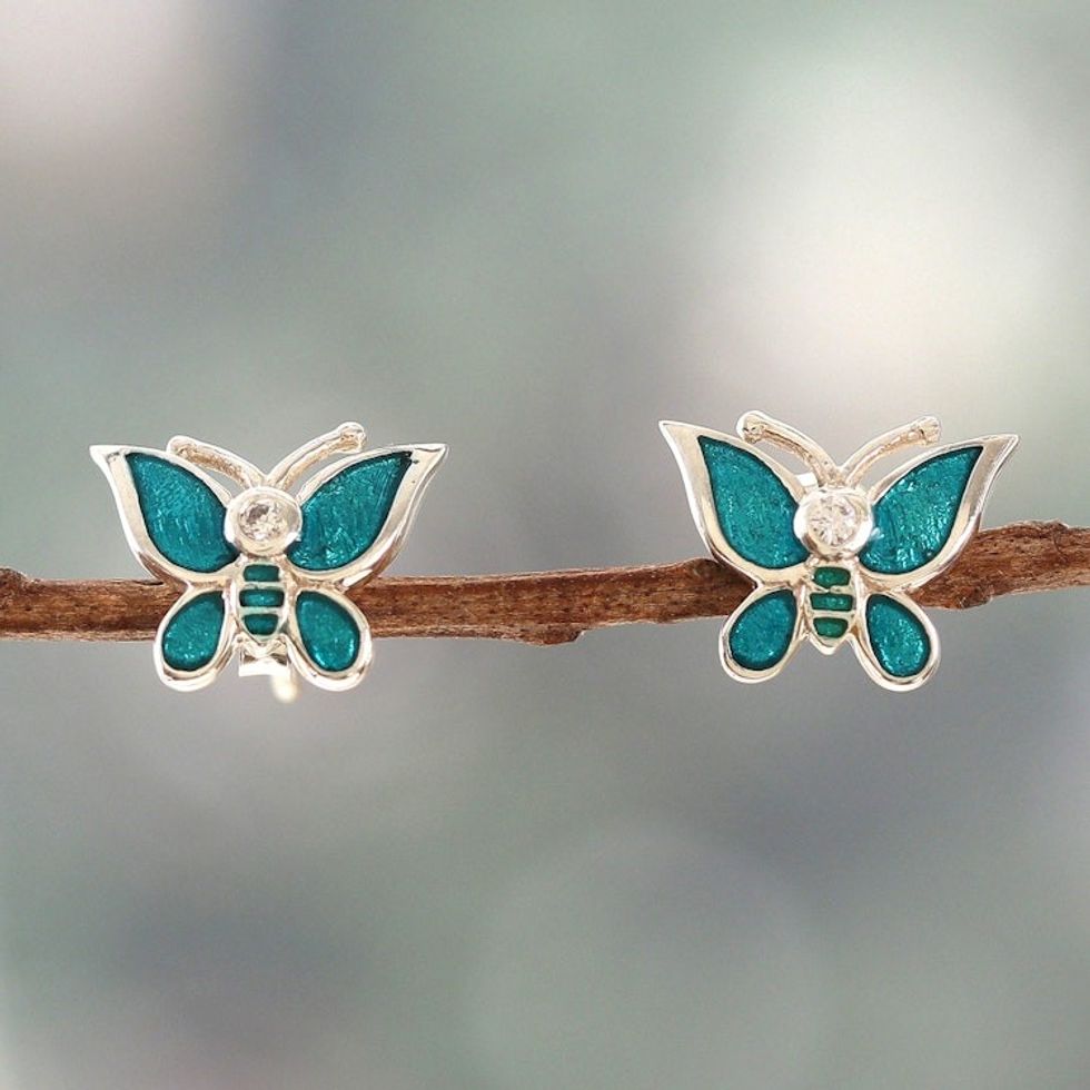 Cubic Zirconia Silver Hand-Painted Butterfly Stud Earrings 'Butterfly Daydream'