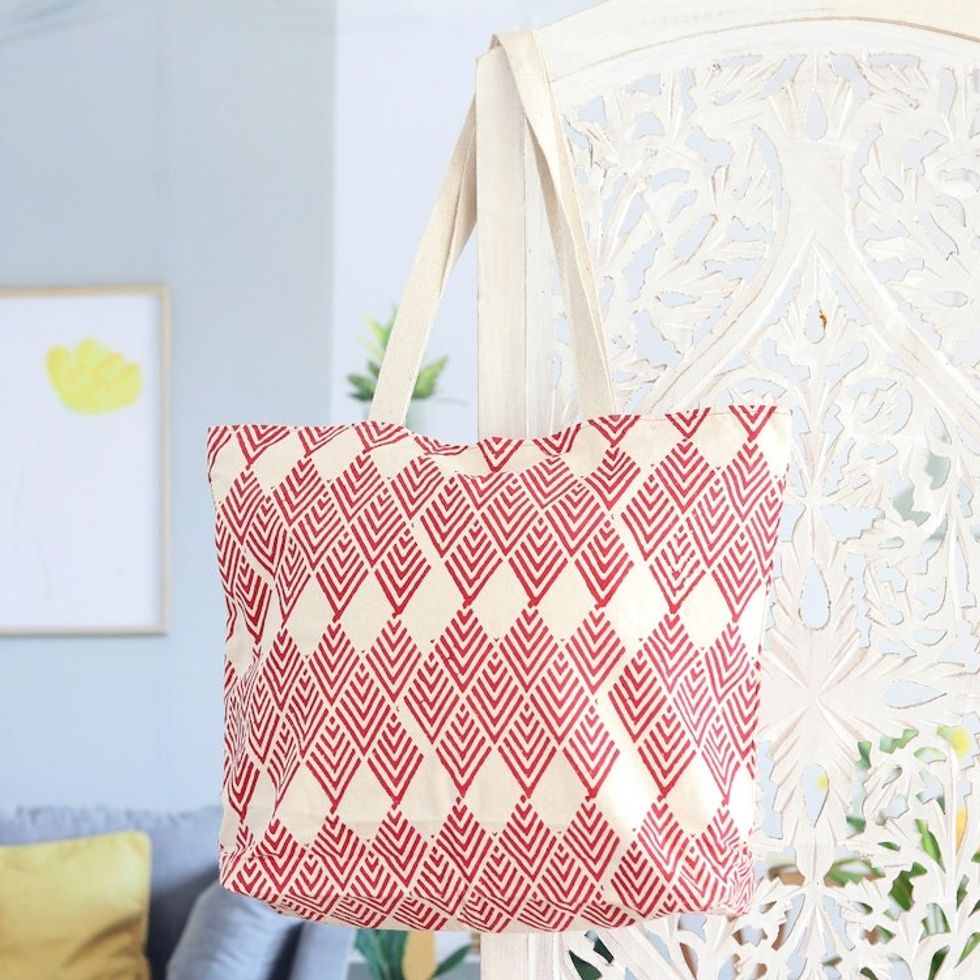 Hand-Block Printed Cotton Tote Bag with Crimson Diamonds 'Crimson Rhombus'