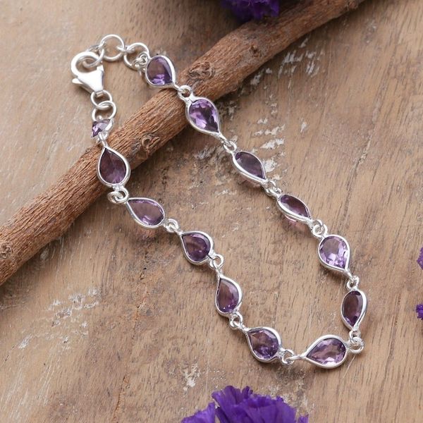 Alternate image for 9-Carat Faceted Amethyst Link Bracelet Crafted in India Sagacity Rain