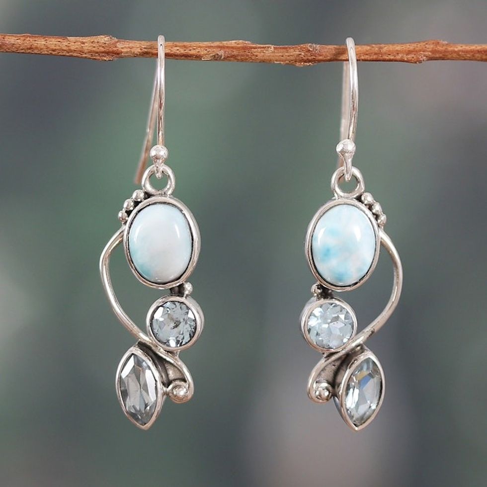 Faceted Three-Carat Blue Topaz and Larimar Dangle Earrings 'Sky Glamour'