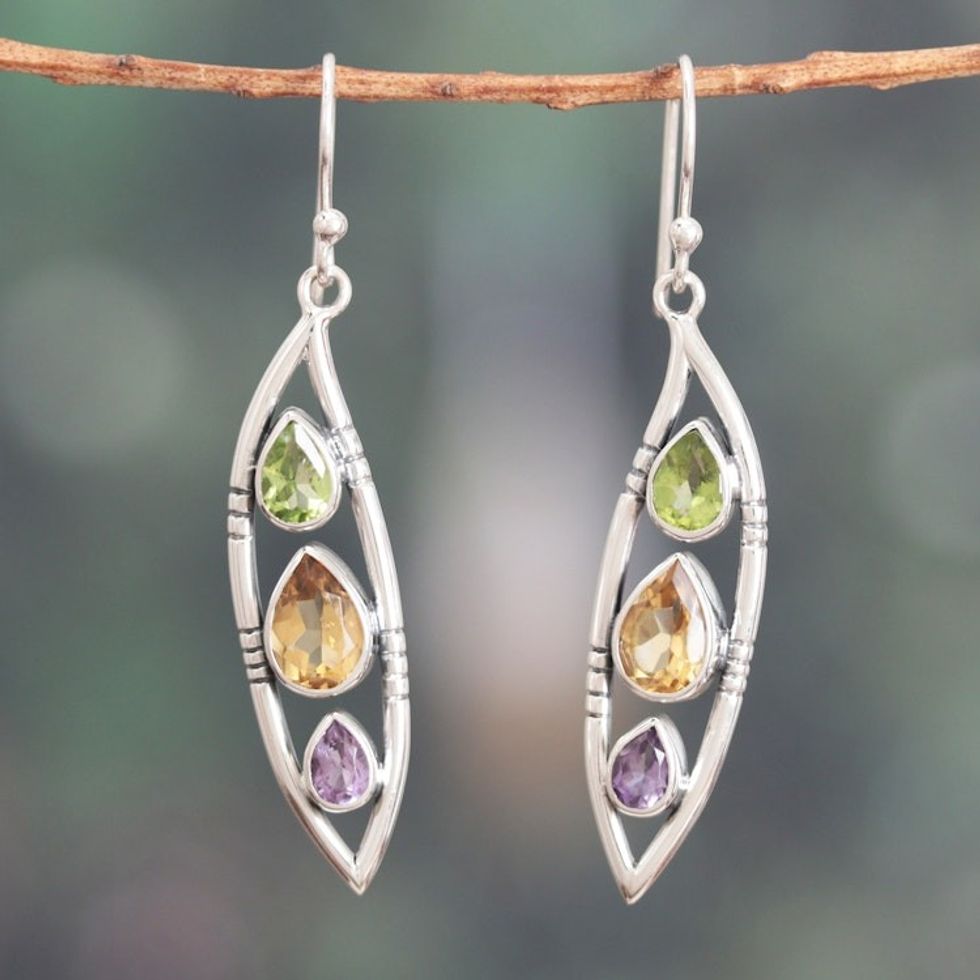 Leaf-Shaped 5-Carat Faceted Multi-Gemstone Dangle Earrings 'Precious Leaf'