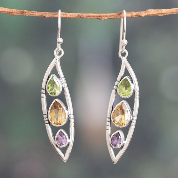 Alternate image for Leaf-Shaped 5-Carat Faceted Multi-Gemstone Dangle Earrings Precious Leaf