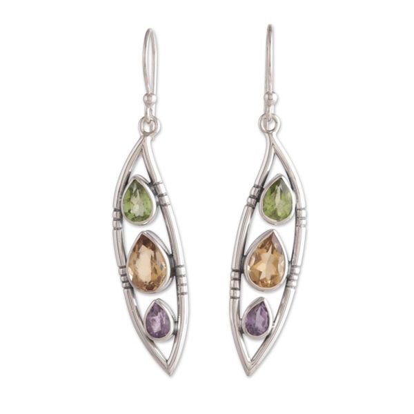 Alternate image for Leaf-Shaped 5-Carat Faceted Multi-Gemstone Dangle Earrings Precious Leaf