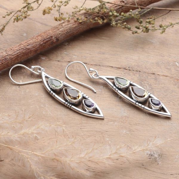 Alternate image for Leaf-Shaped 5-Carat Faceted Multi-Gemstone Dangle Earrings Precious Leaf
