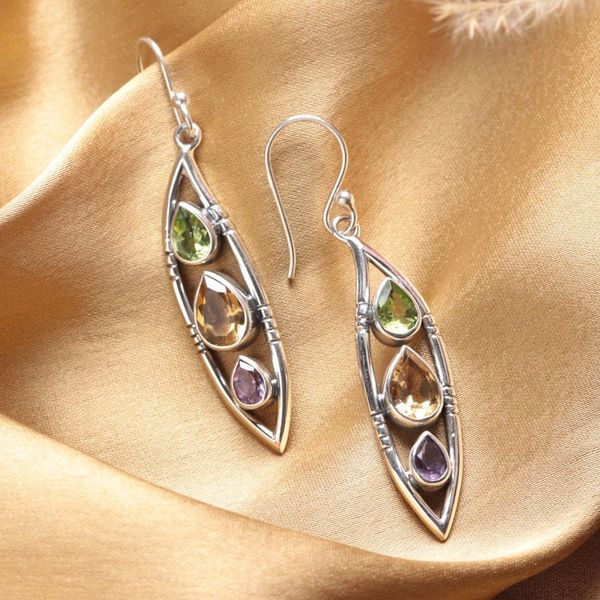 Alternate image for Leaf-Shaped 5-Carat Faceted Multi-Gemstone Dangle Earrings Precious Leaf