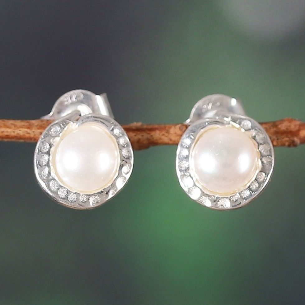 Sea-Inspired Cream Cultured Pearl Stud Earrings from India 'Pearly Love'