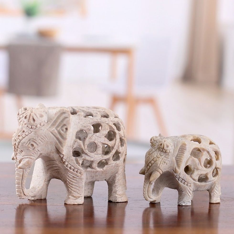 Jali-Themed 2-Piece Carved Soapstone Elephant Sculpture Set 'Elephant Bonds'