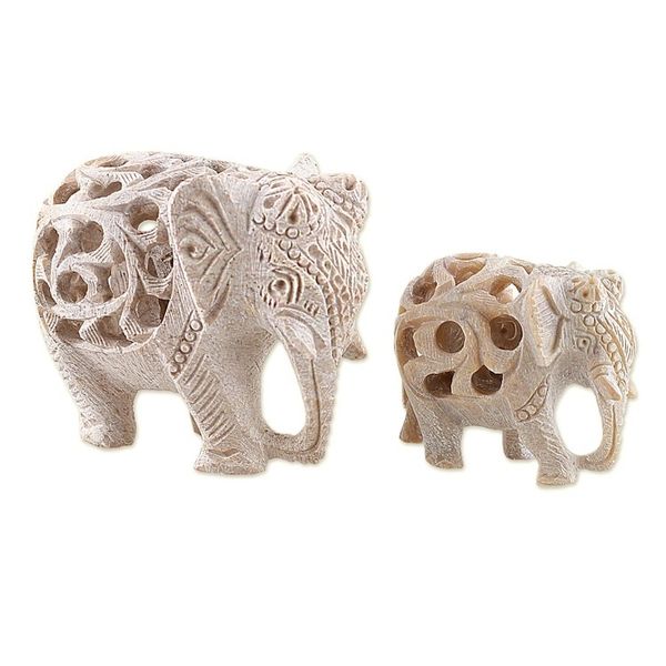 Alternate image for Jali-Themed 2-Piece Carved Soapstone Elephant Sculpture Set Elephant Bonds