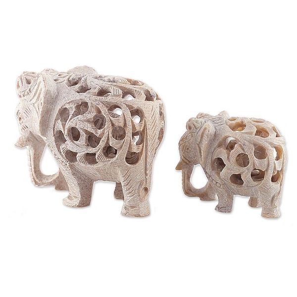 Alternate image for Jali-Themed 2-Piece Carved Soapstone Elephant Sculpture Set Elephant Bonds