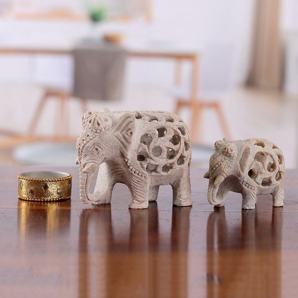 Alternate image for Jali-Themed 2-Piece Carved Soapstone Elephant Sculpture Set Elephant Bonds