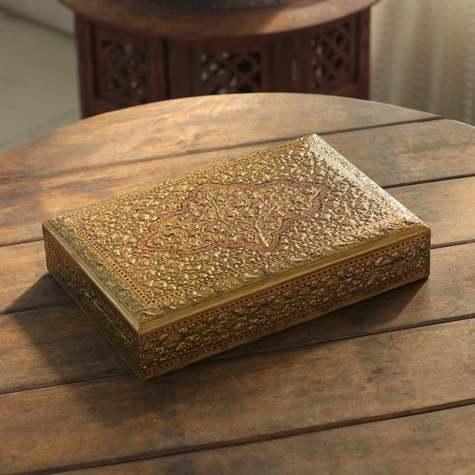 Classic Leafy-Patterned Golden Papier Mache Decorative Box 'Sylvan Glory'