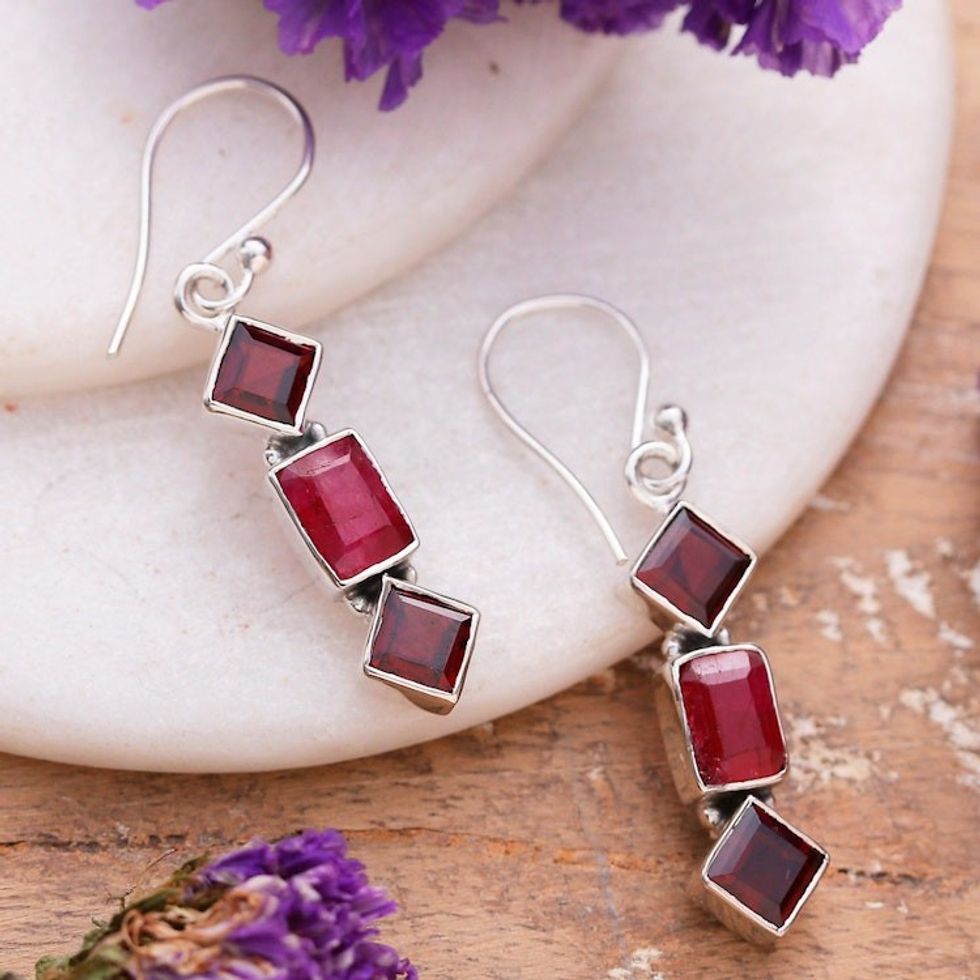 Faceted Five-Carat Garnet and Carnelian Dangle Earrings 'Courageous Passionate'
