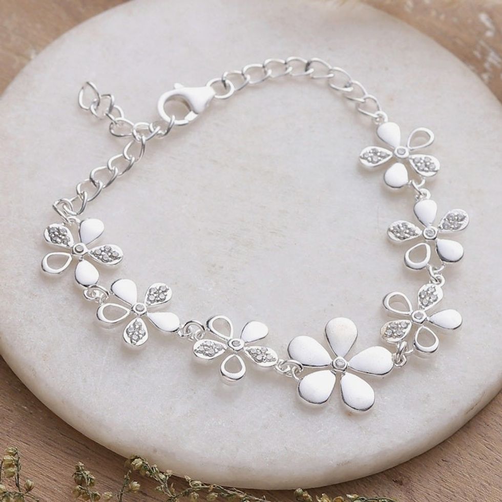 Floral-Themed Cubic Zirconia Sterling Silver Link Bracelet 'Gleaming Blossoms'