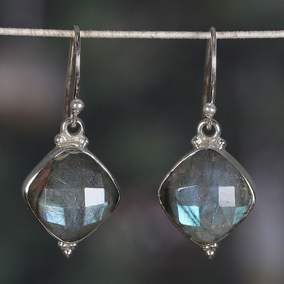 Sterling Silver Dangle Earrings with 33-Carat Labradorite 'Evening Kiss'